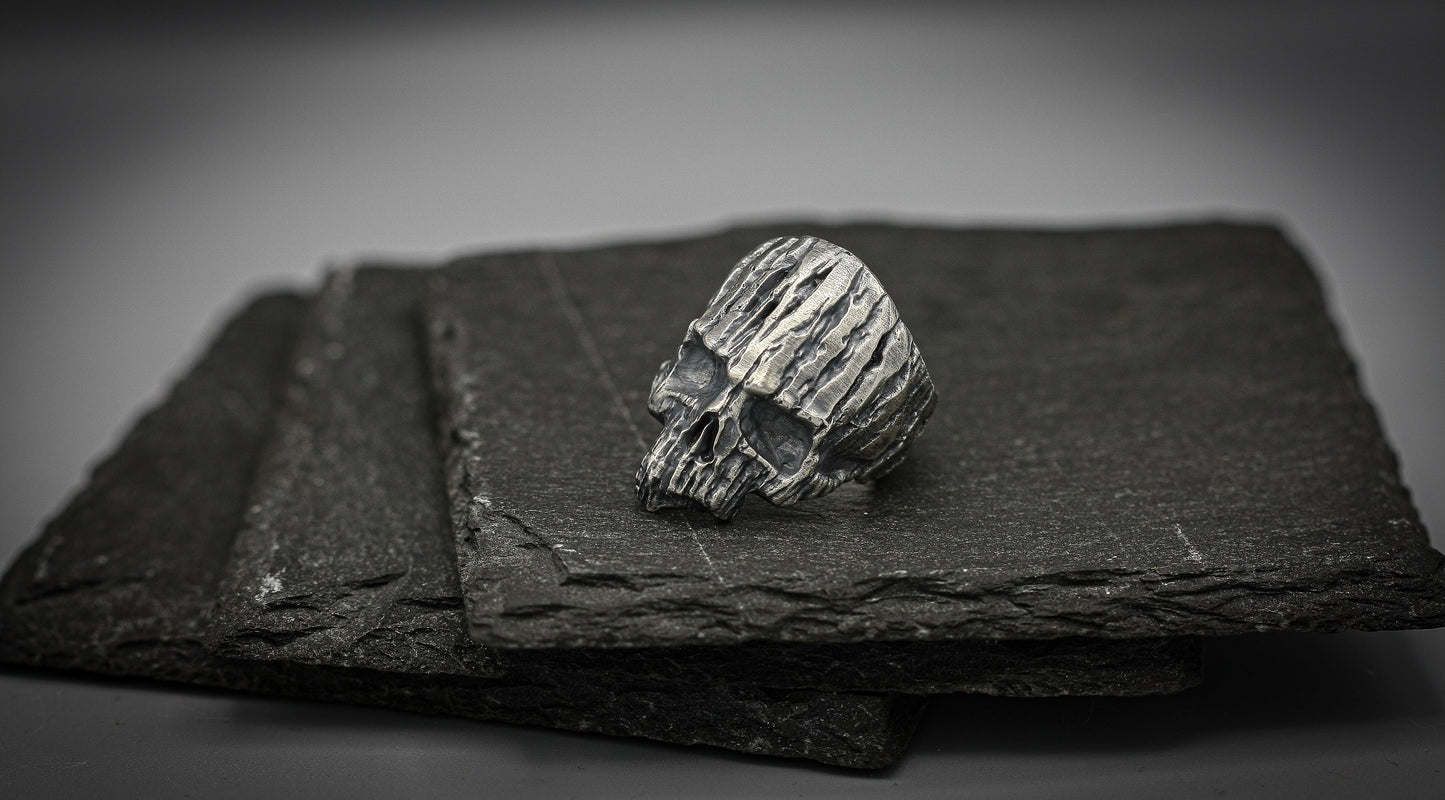 Silver wooden skull brutalist ring