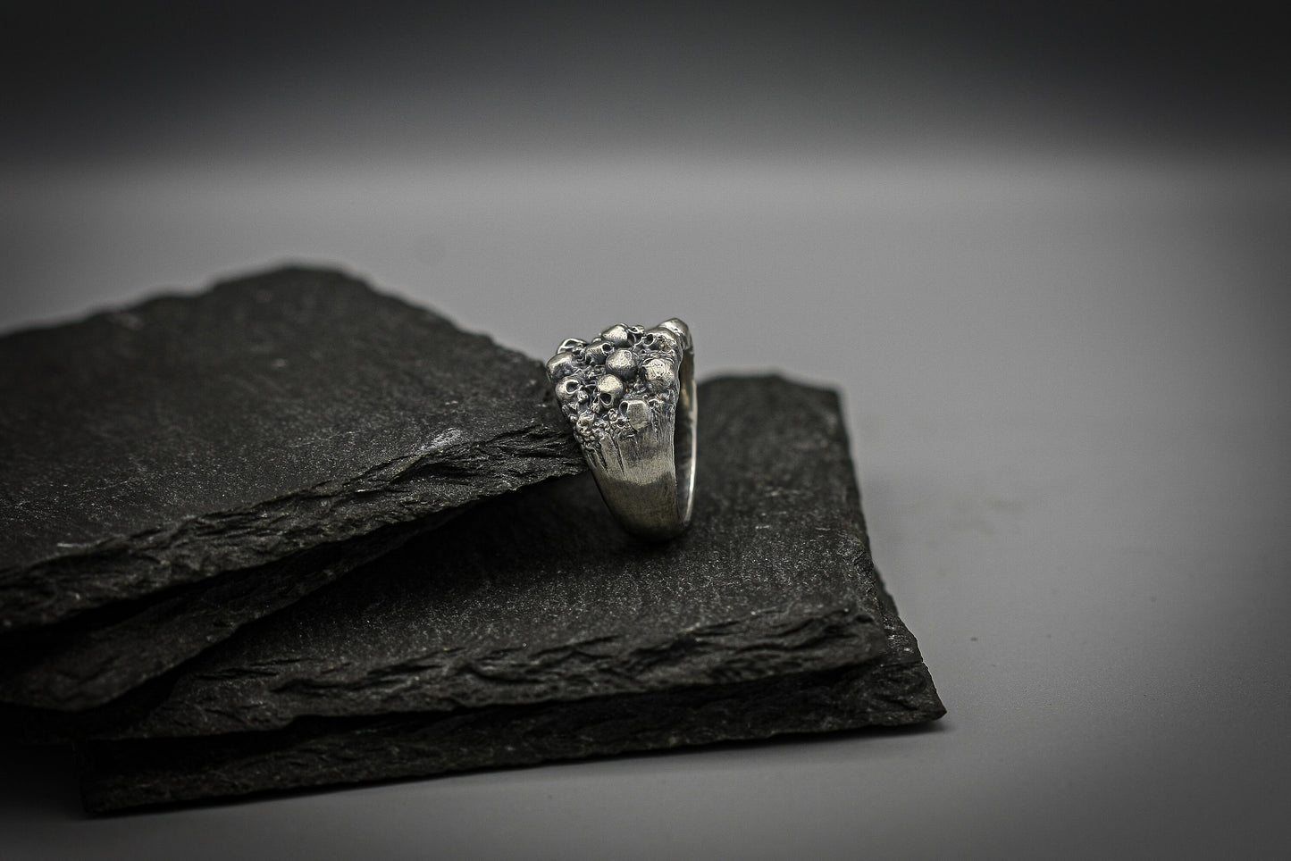 Sterling silver ring, Skull brutalist band