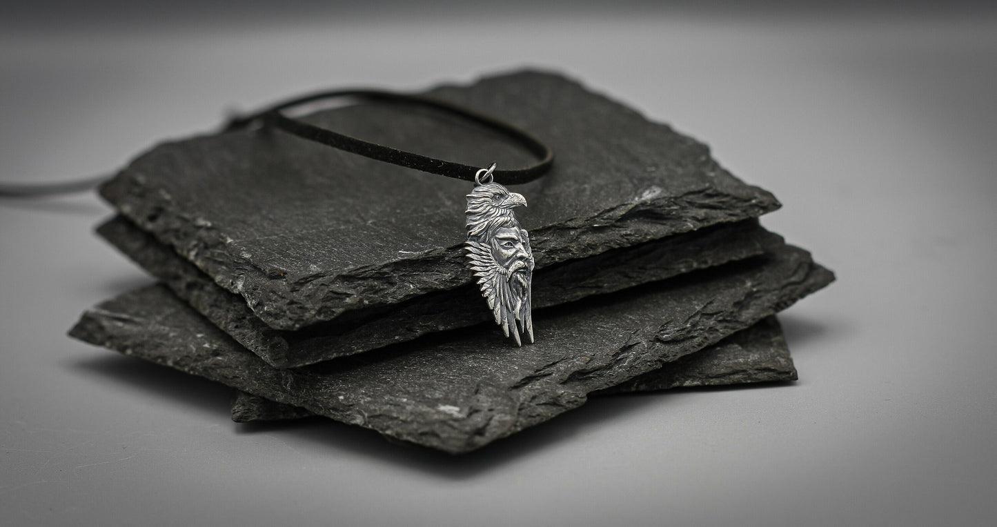 Odin Necklace, Silver Viking Pendant, Scandinavian Eagle