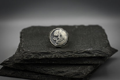 Half skull, half smile, round silver signet ring