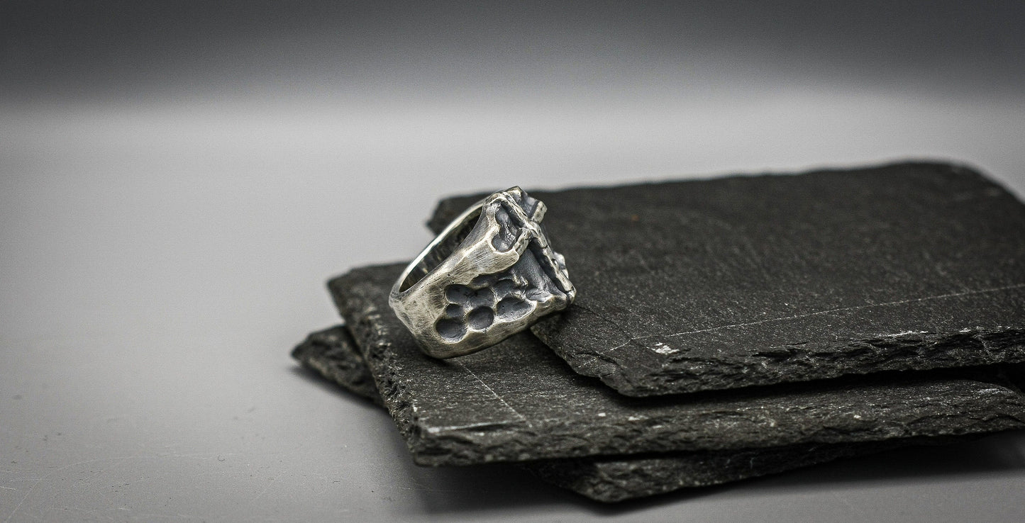 Brutalist cross ring, oxidized Hammered silver band