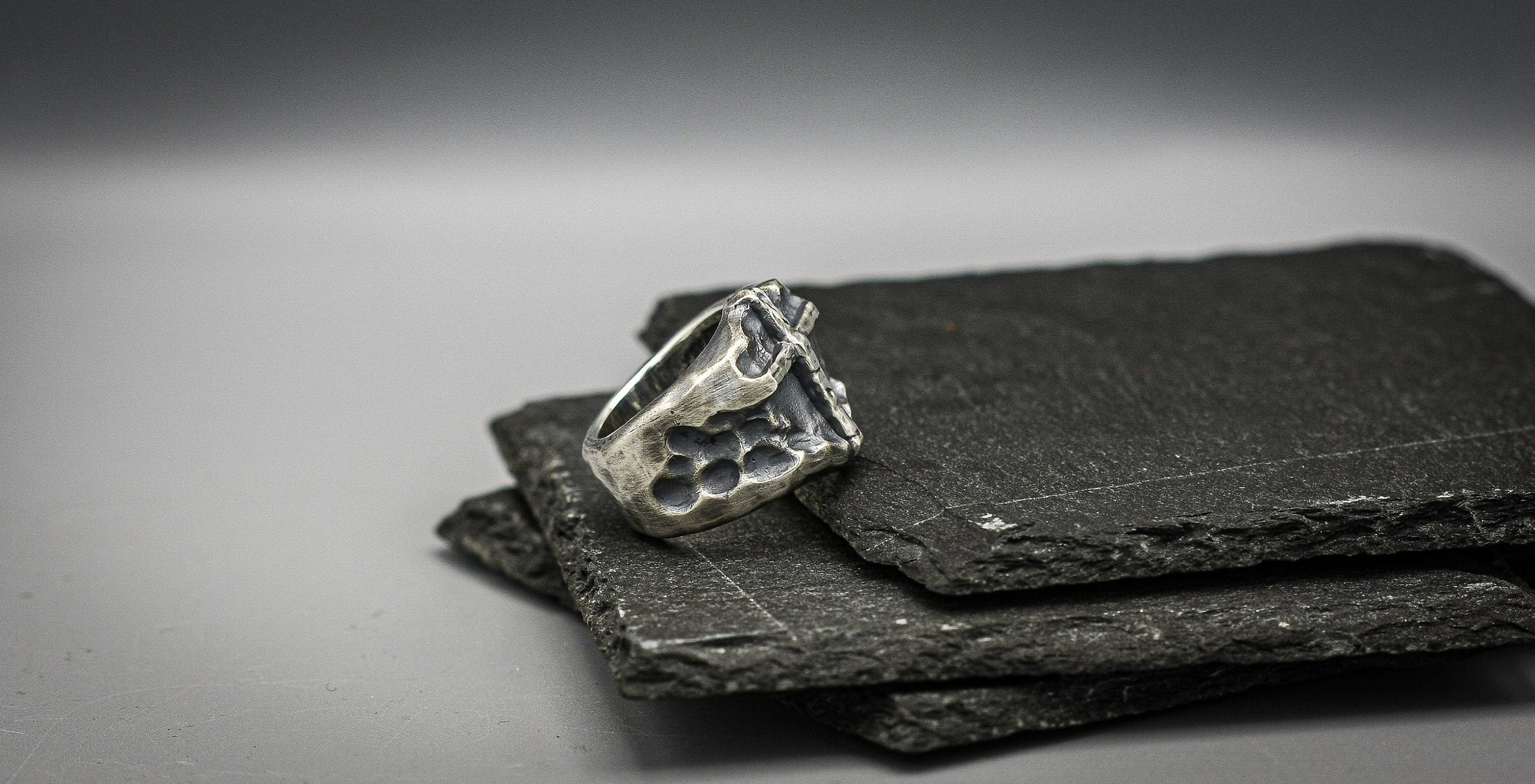 Brutalist cross ring, oxidized Hammered silver band