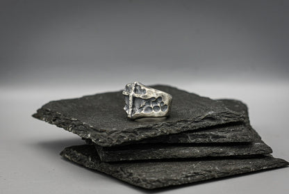 Brutalist cross ring, oxidized Hammered silver band