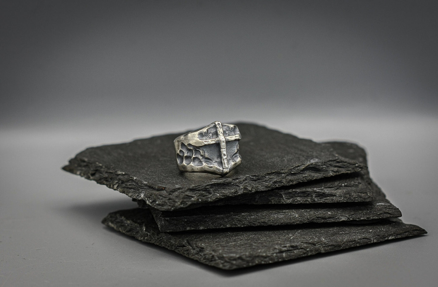 Brutalist cross ring, oxidized Hammered silver band