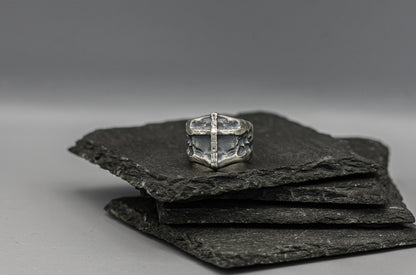 Brutalist cross ring, oxidized Hammered silver band