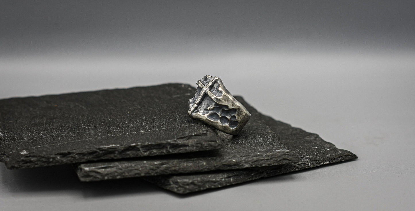 Brutalist cross ring, oxidized Hammered silver band