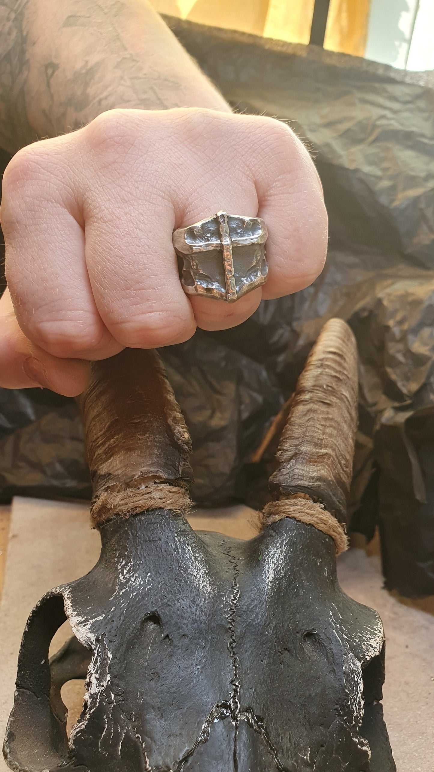 Brutalist cross ring, oxidized Hammered silver band