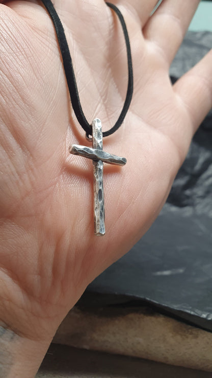 Sterling silver cross, religious pendant, rustic simple cross