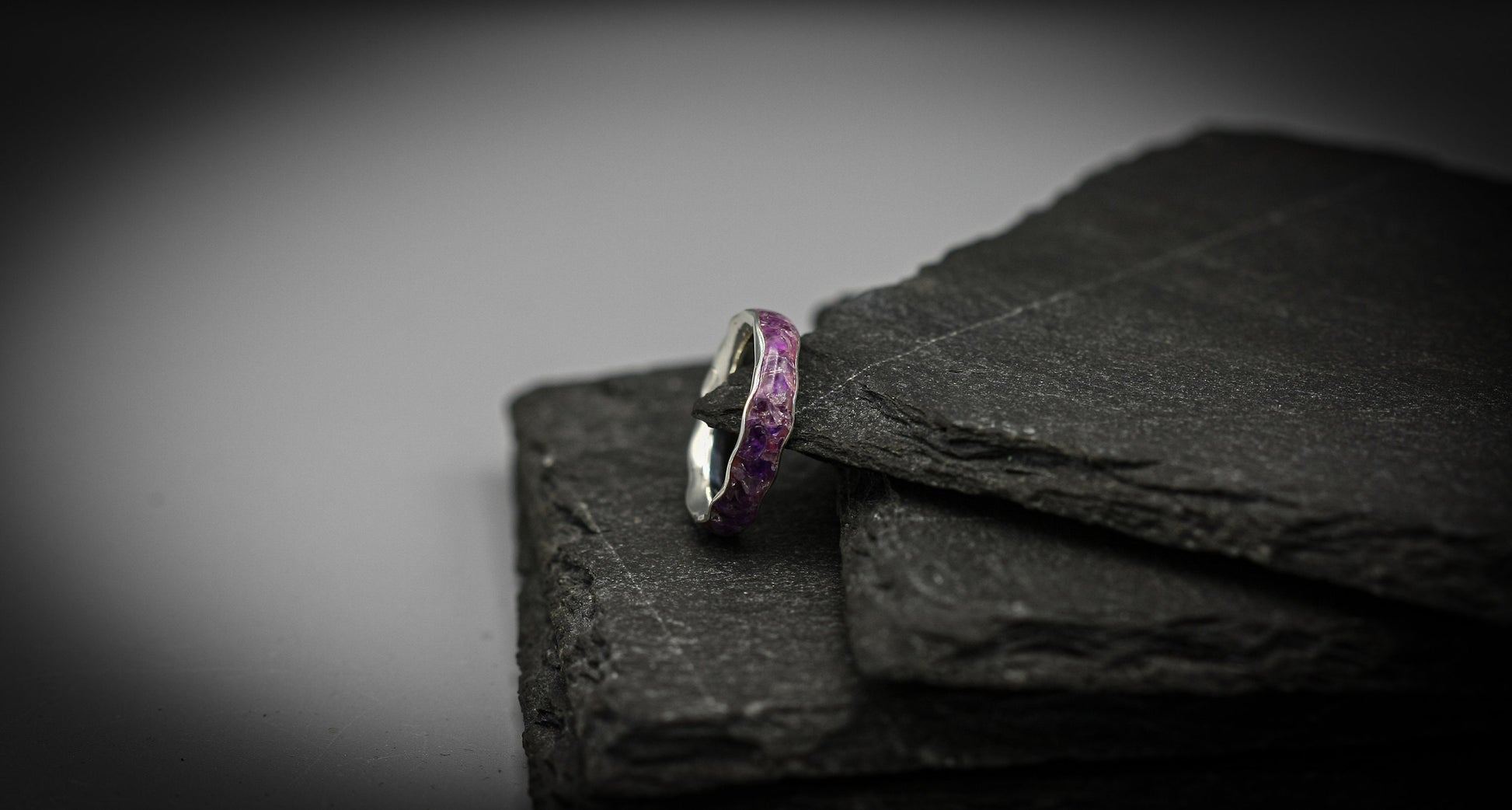 Silver Amethyst inlay ring, wave stacking band, unique wedding band