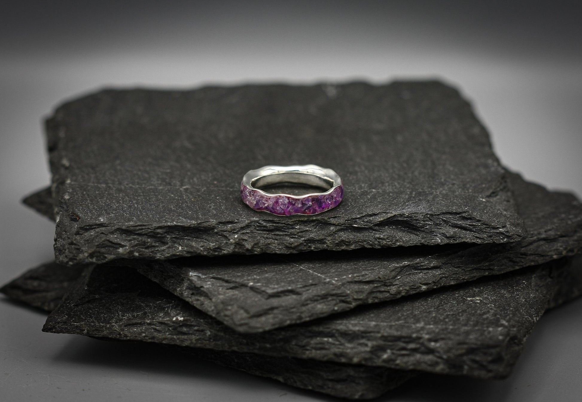 Silver Amethyst inlay ring, wave stacking band, unique wedding band