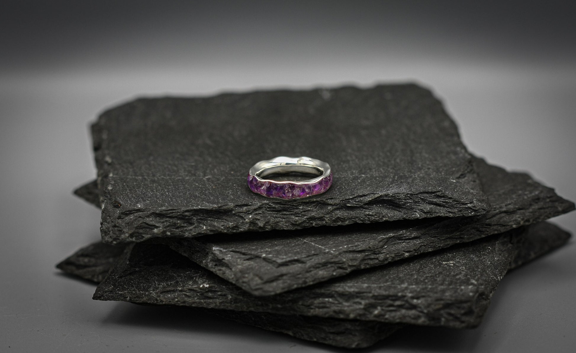 Silver Amethyst inlay ring, wave stacking band, unique wedding band