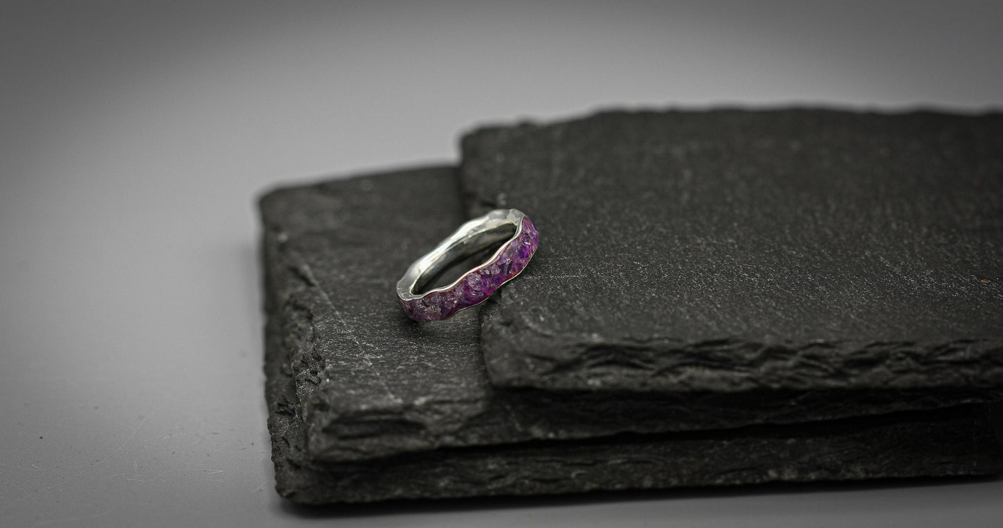 Silver Amethyst inlay ring, wave stacking band, unique wedding band