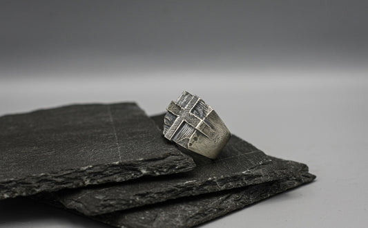 Silver cross signet ring, Heavy wide Brutalist band