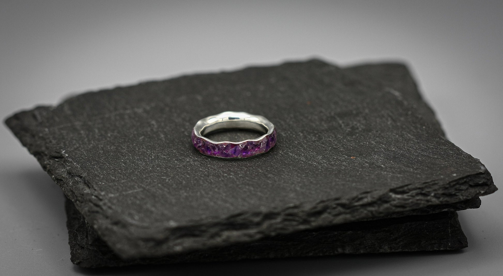 Silver Amethyst inlay ring, wave stacking band, unique wedding band