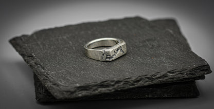 Rough fracture brutalist style band, silver signet ring