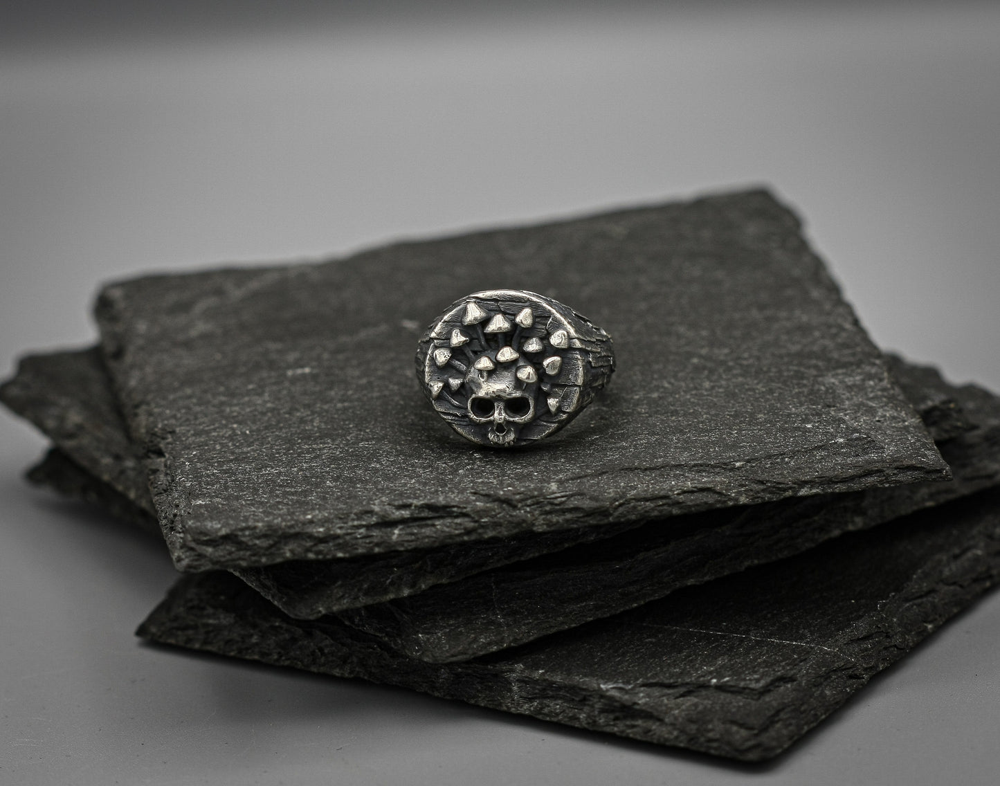 Silver skull mushroom ring, unique 925 band