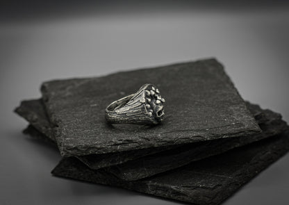 Silver skull mushroom ring, unique 925 band