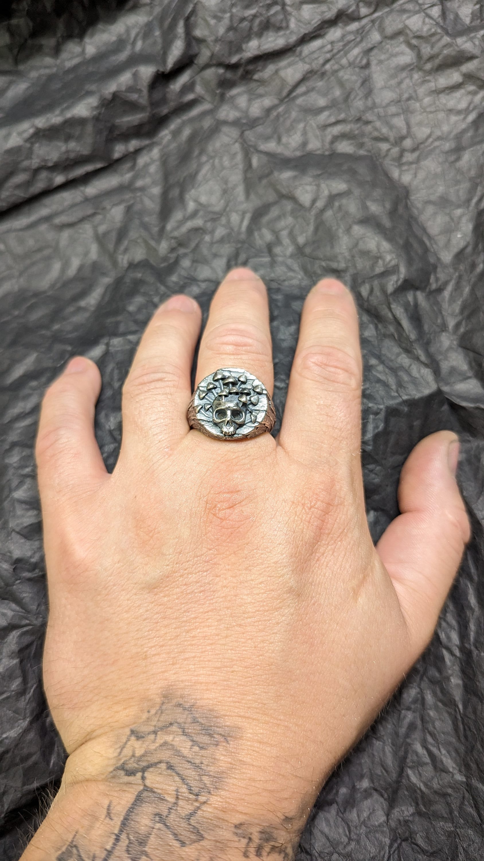 Silver skull mushroom ring, unique 925 band