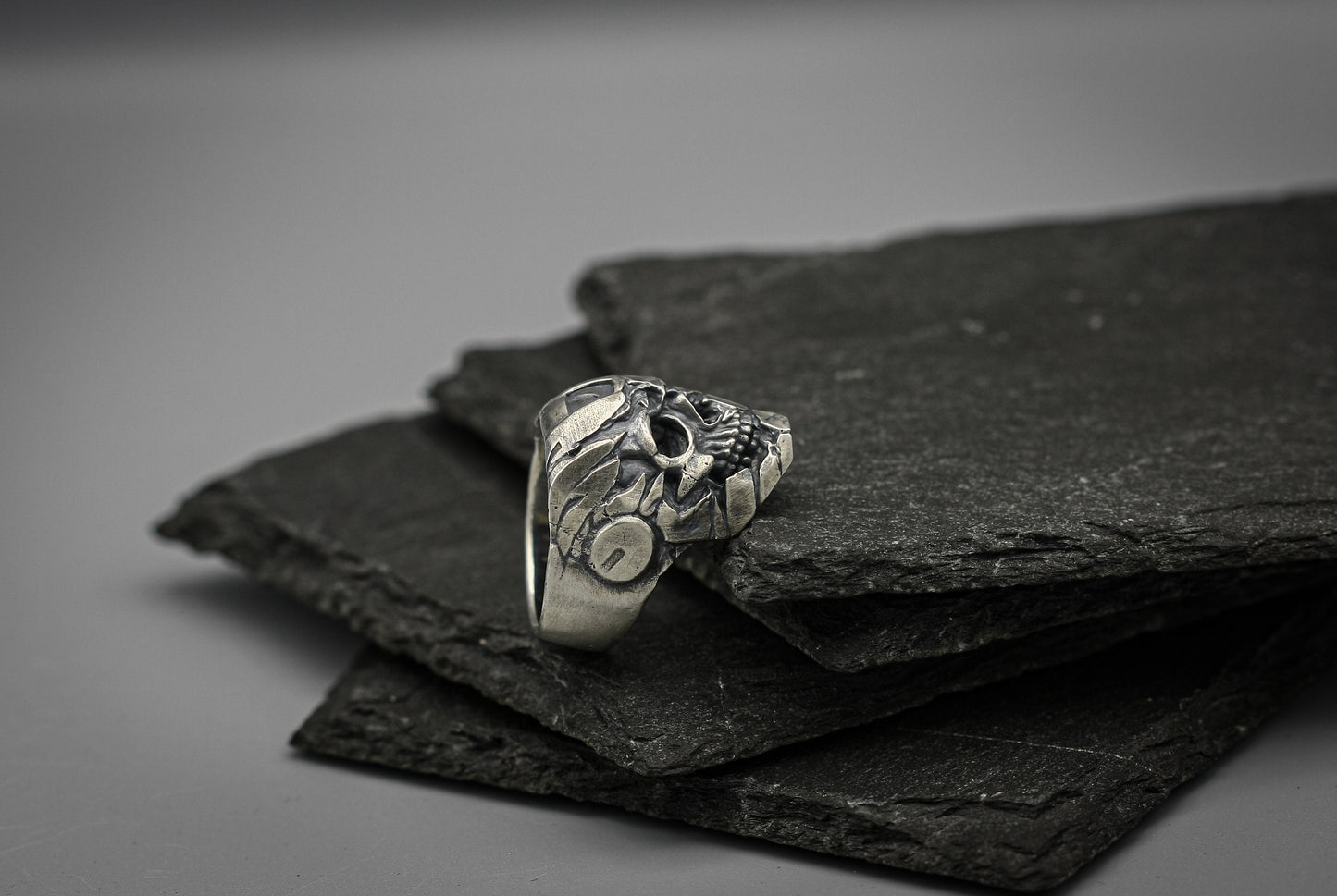 Robot Skull ring, Sterling silver band