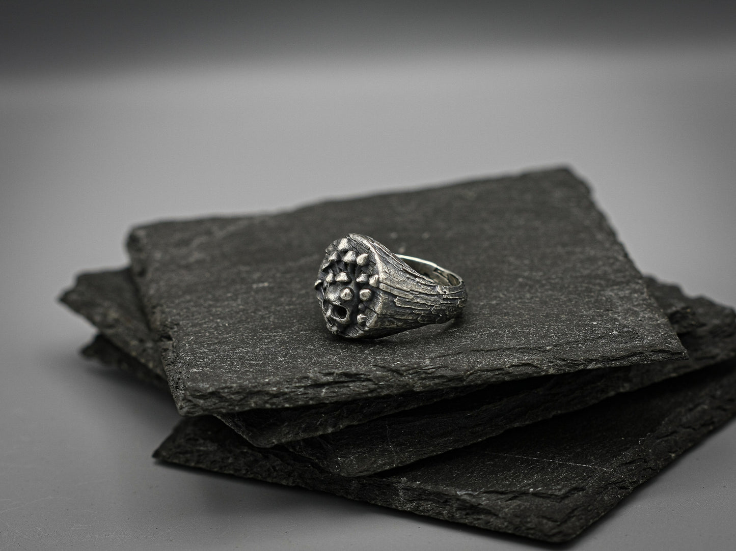 Silver skull mushroom ring, unique 925 band