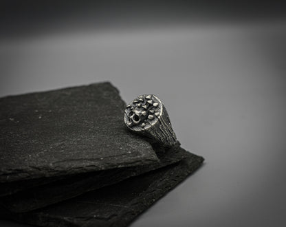 Silver skull mushroom ring, unique 925 band