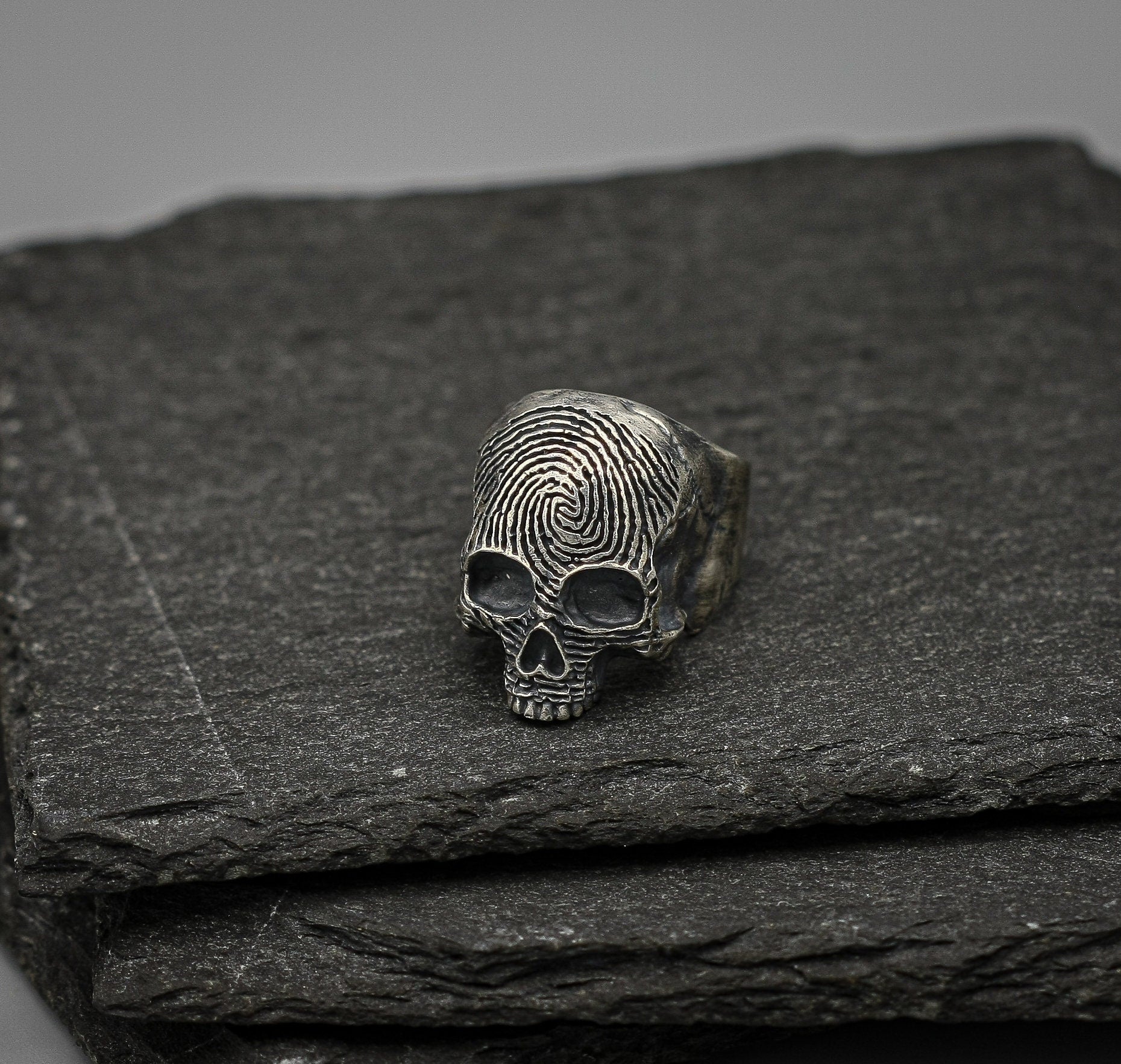 Fingerprint Skull ring, Sterling silver brutalist biker band