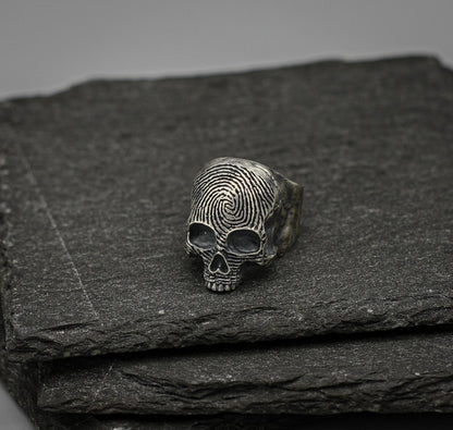 Fingerprint Skull ring, Sterling silver brutalist biker band