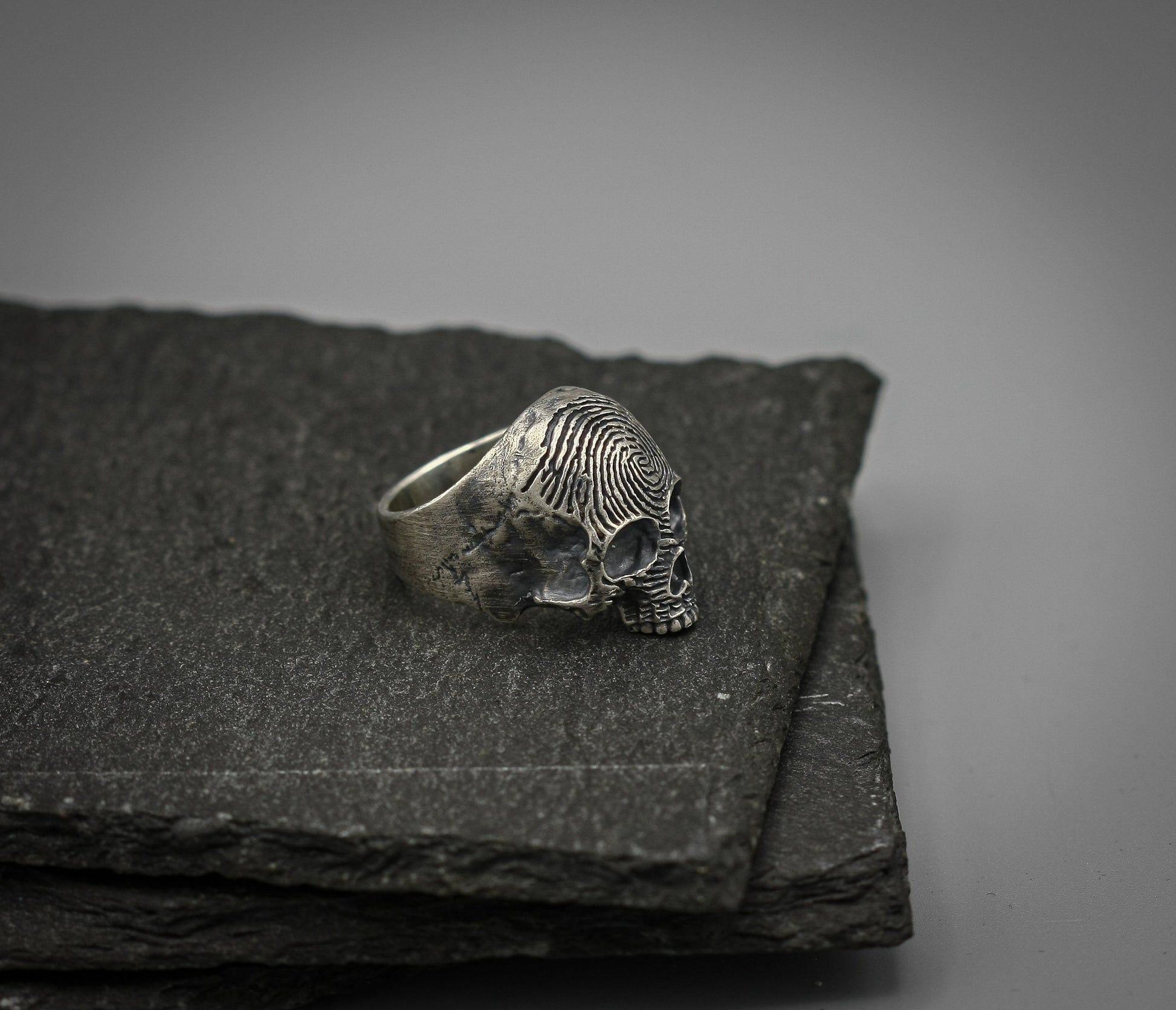 Fingerprint Skull ring, Sterling silver brutalist biker band