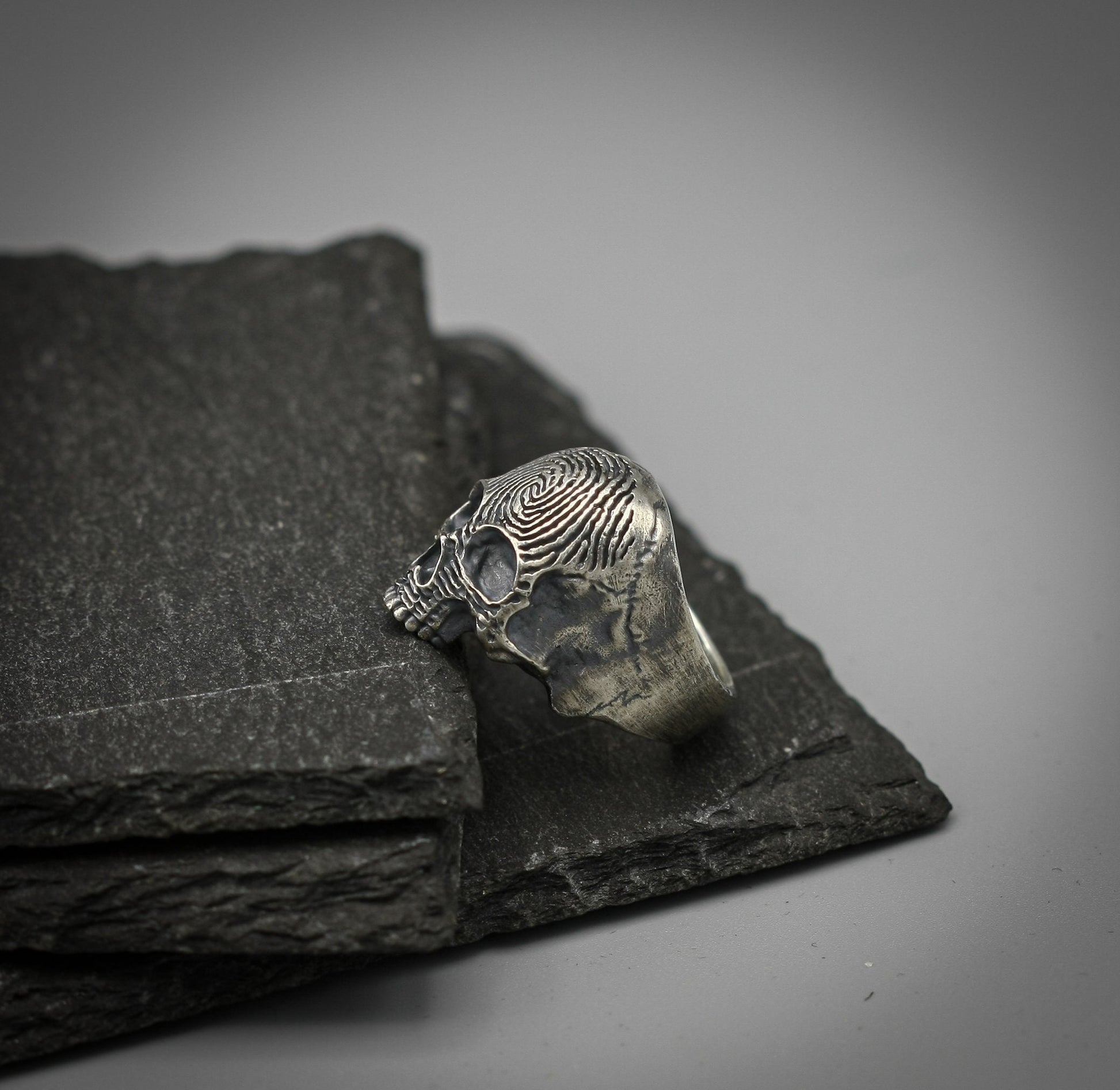 Fingerprint Skull ring, Sterling silver brutalist biker band