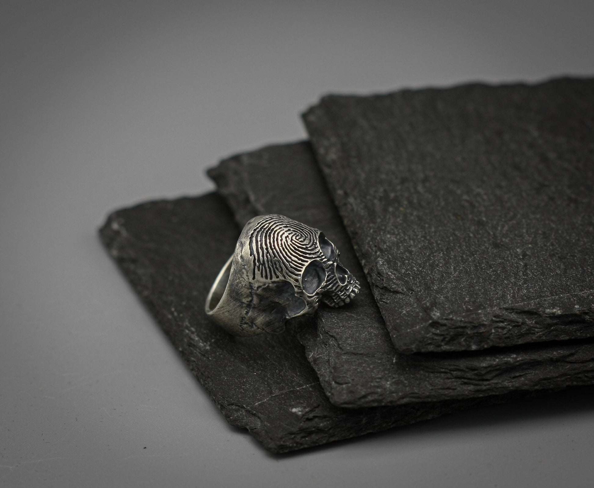 Fingerprint Skull ring, Sterling silver brutalist biker band