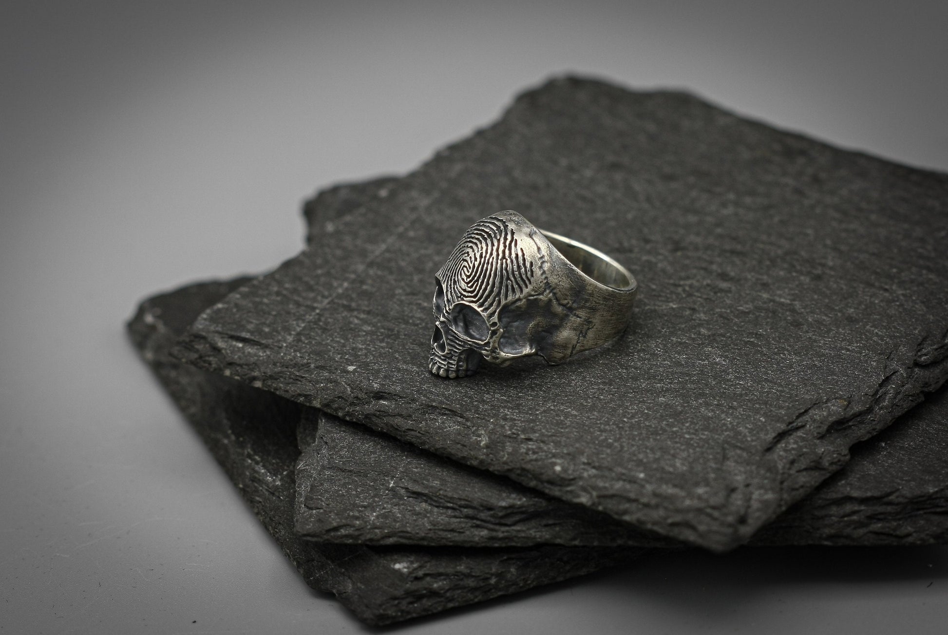 Fingerprint Skull ring, Sterling silver brutalist biker band