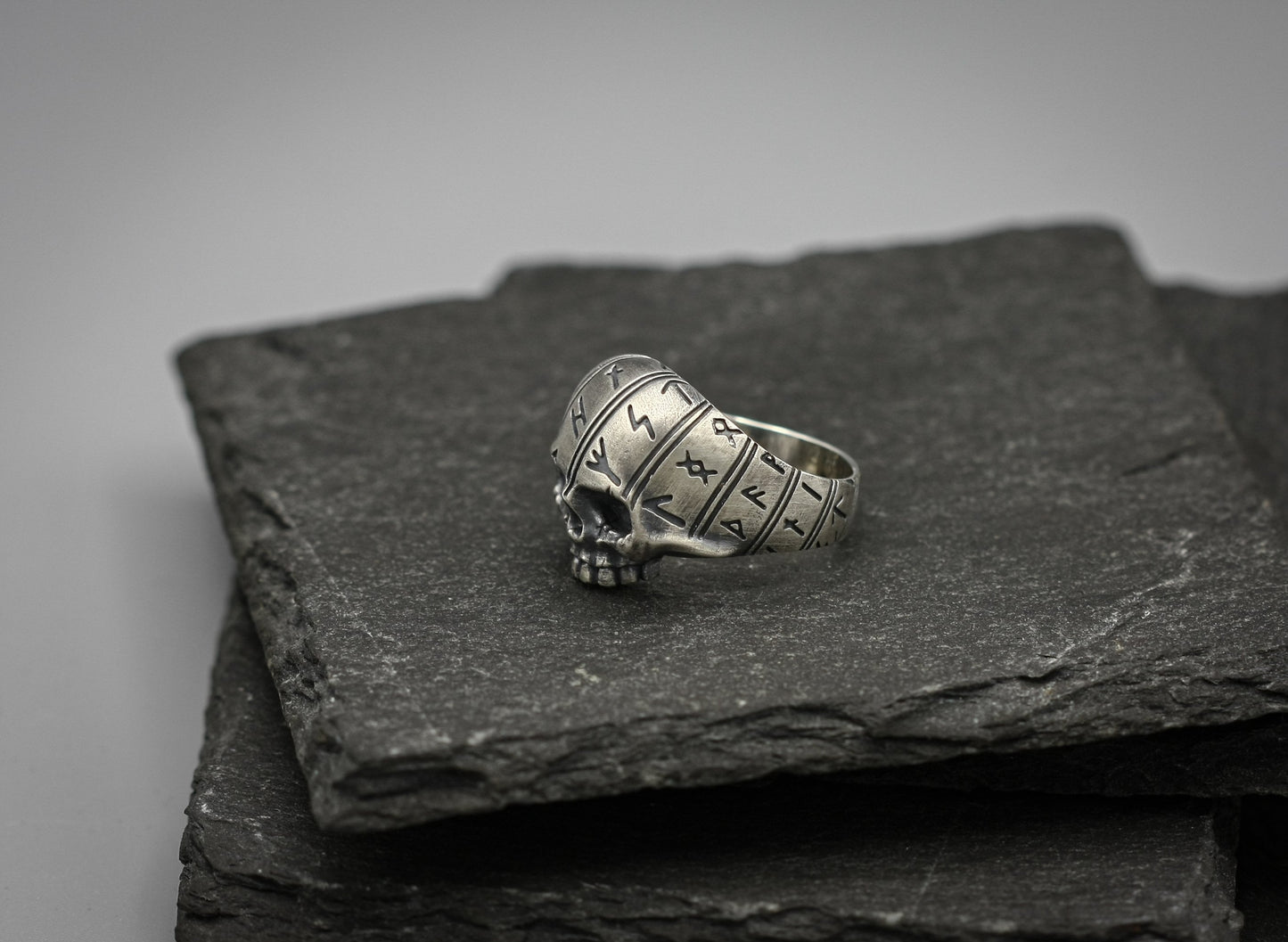 Viking rune skull ring, Sterling silver band, Norse jewellery.