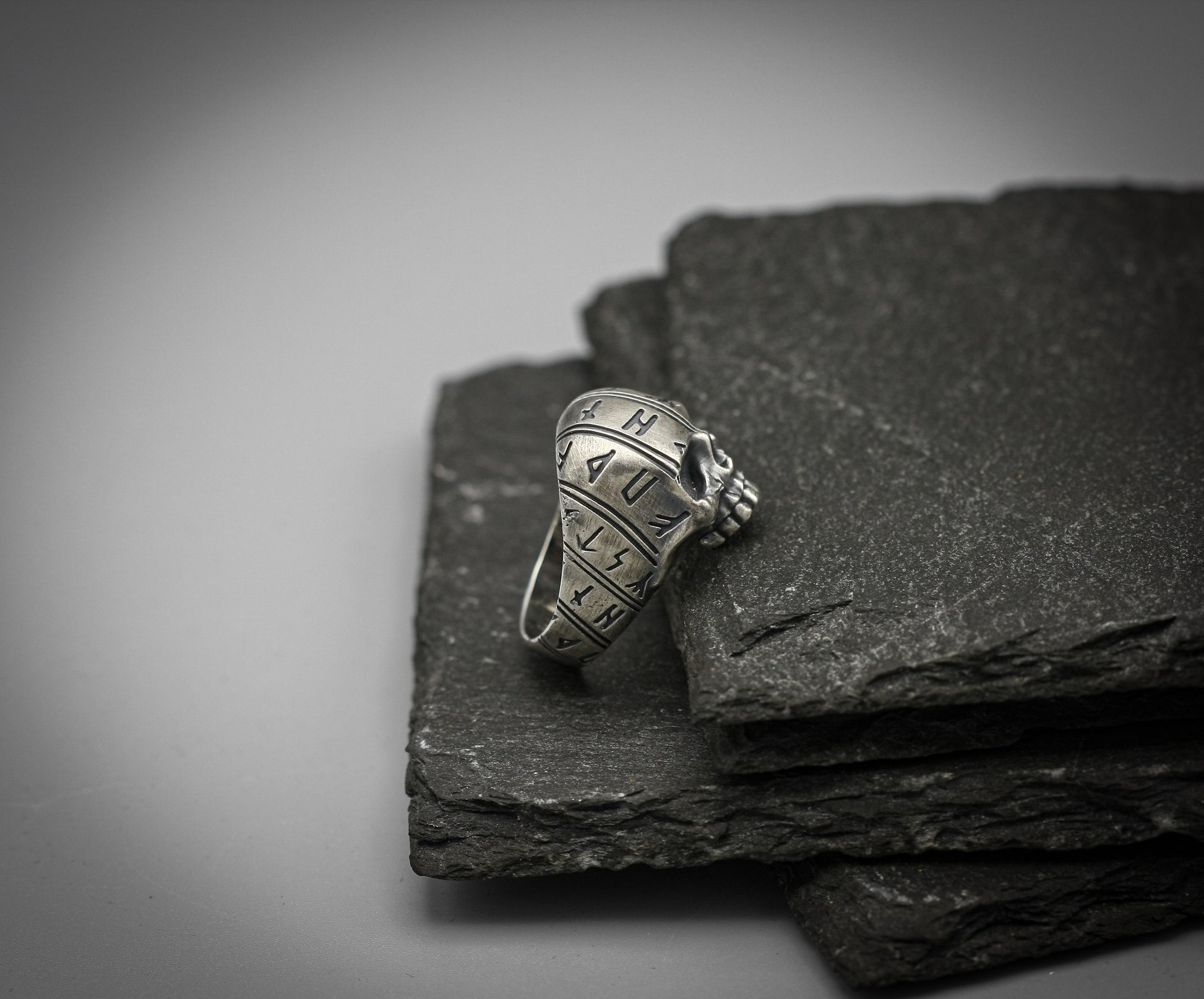 Viking rune skull ring, Sterling silver band, Norse jewellery.