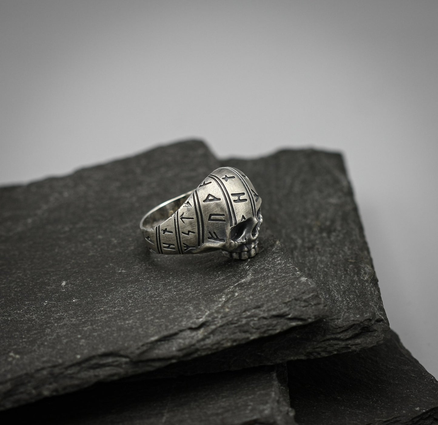 Viking rune skull ring, Sterling silver band, Norse jewellery.