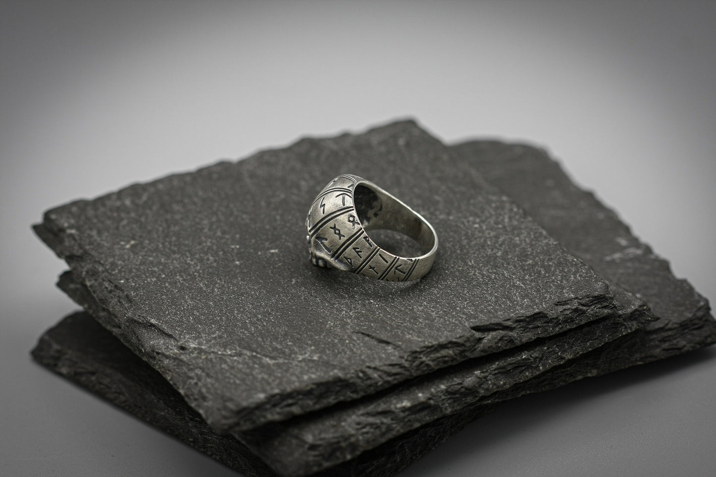 Viking rune skull ring, Sterling silver band, Norse jewellery.