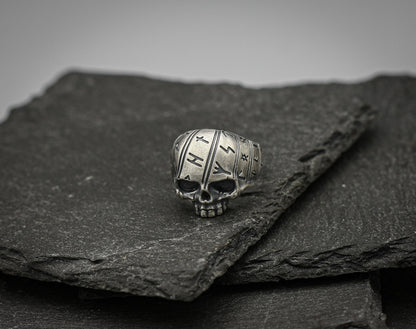 Viking rune skull ring, Sterling silver band, Norse jewellery.