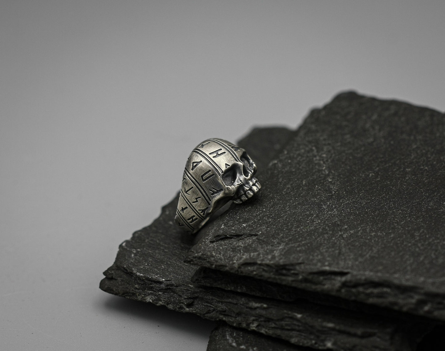 Viking rune skull ring, Sterling silver band, Norse jewellery.