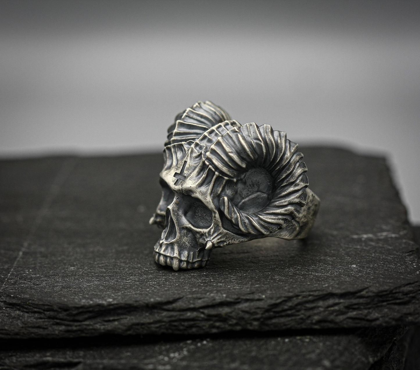 Silver Skull ring, Demon Horn brutalist band