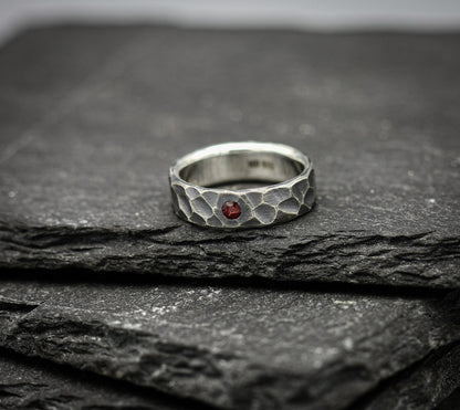 Garnet ring, sterling silver band, unique wedding ring