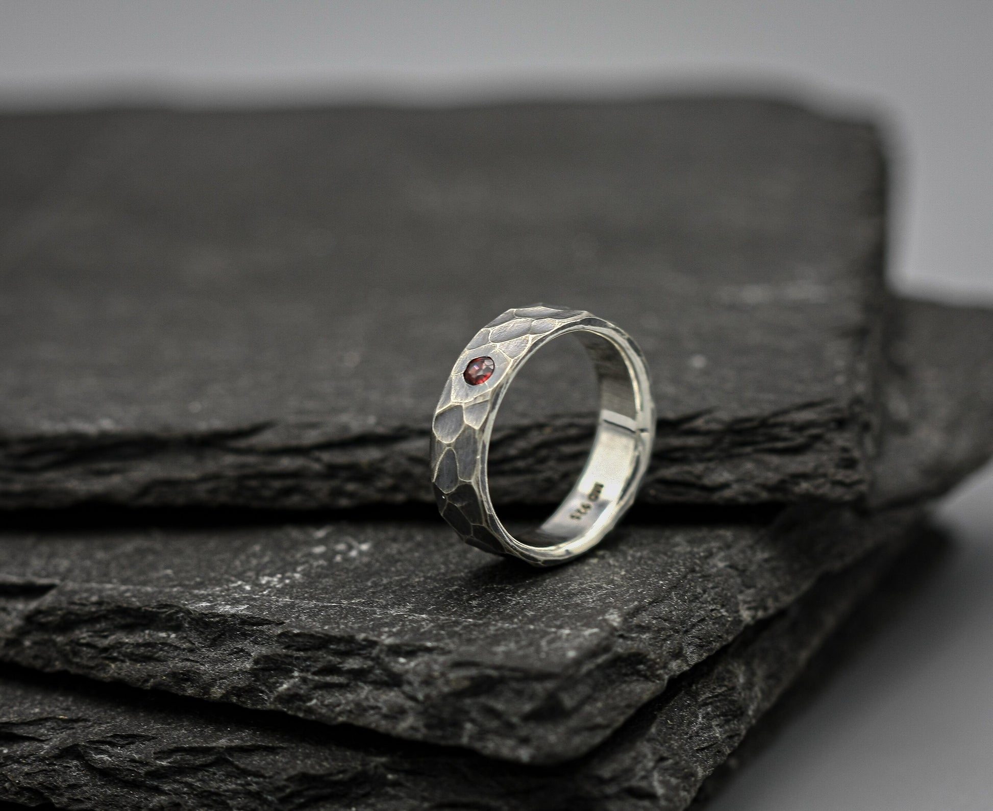 Garnet ring, sterling silver band, unique wedding ring