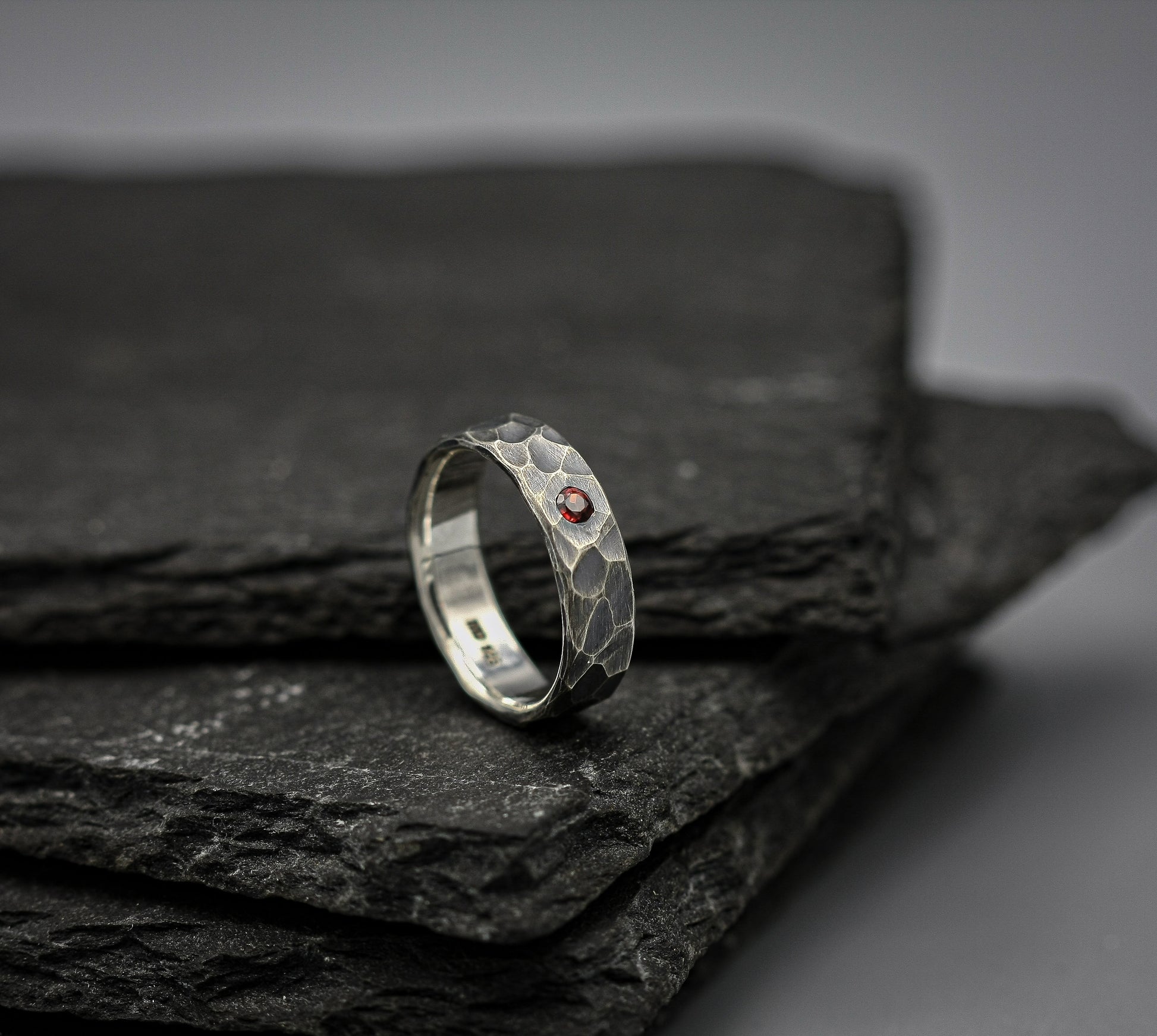 Garnet ring, sterling silver band, unique wedding ring