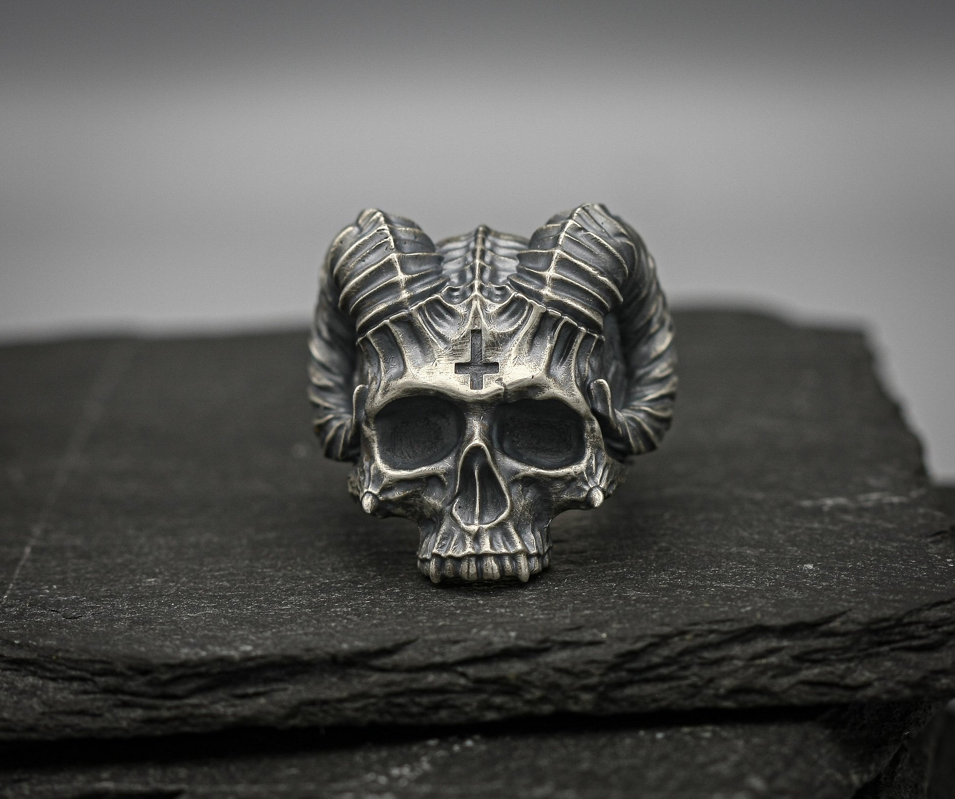 Silver Skull ring, Demon Horn brutalist band