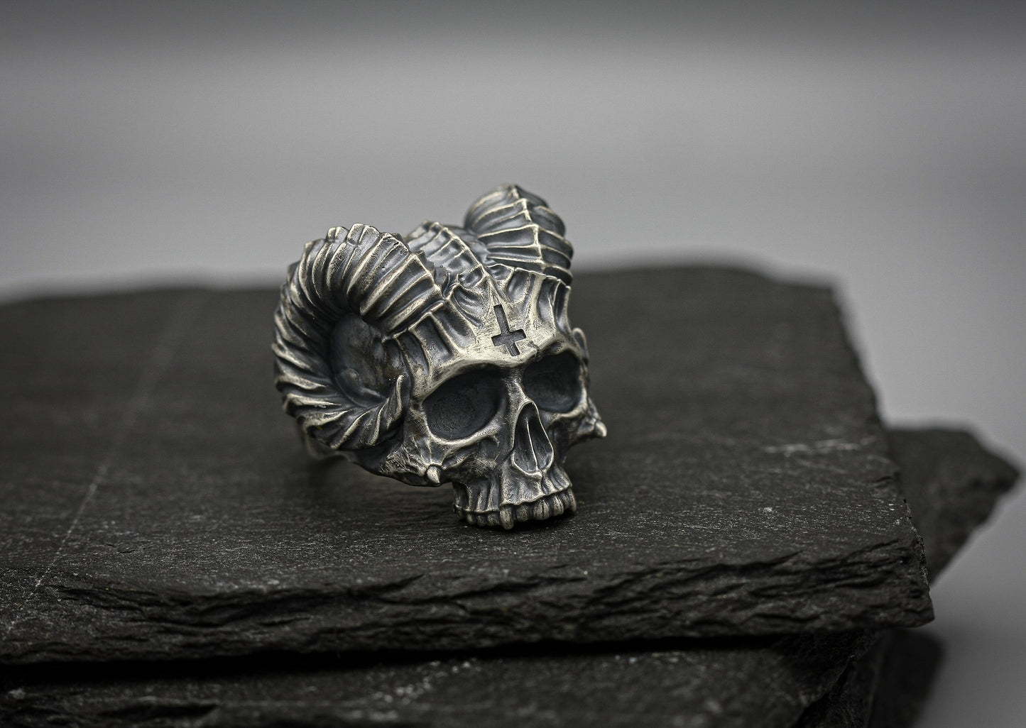 Silver Skull ring, Demon Horn brutalist band