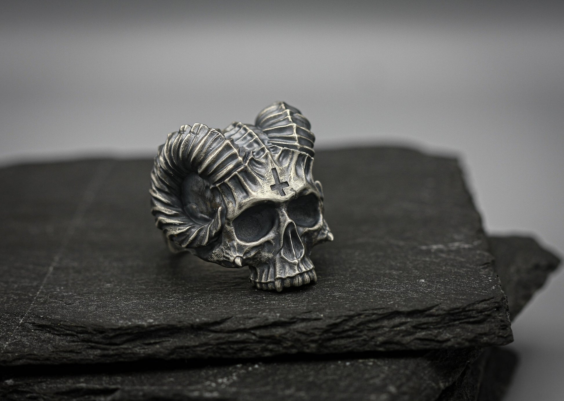 Silver Skull ring, Demon Horn brutalist band