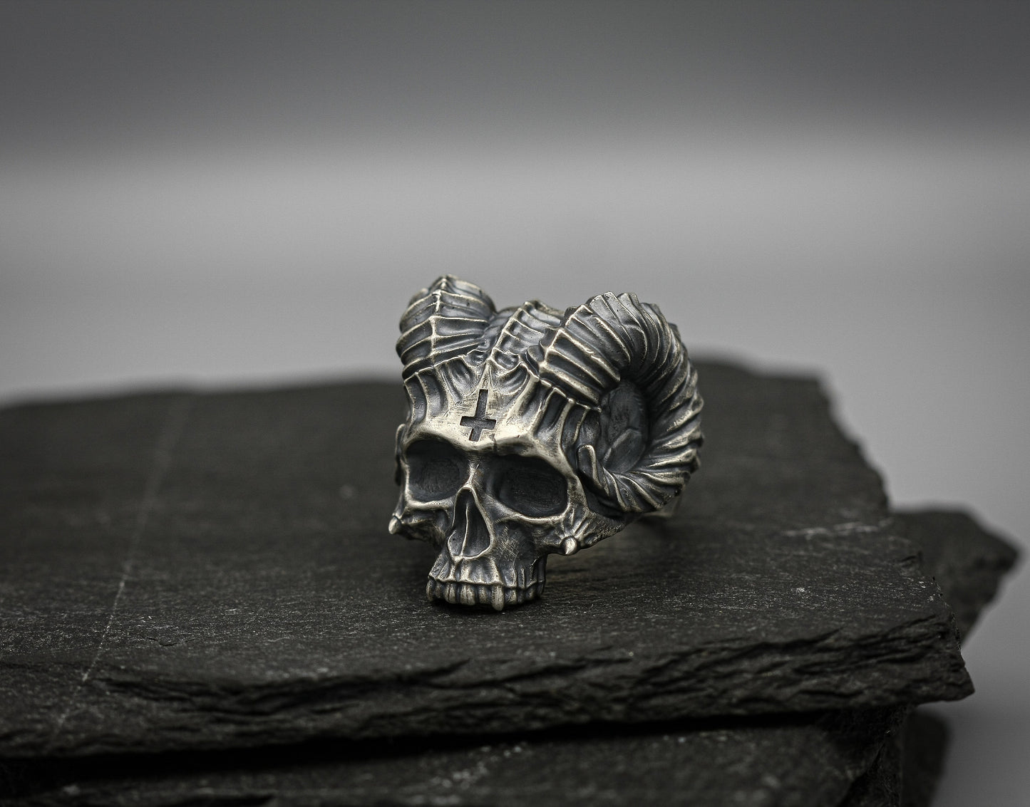 Silver Skull ring, Demon Horn brutalist band