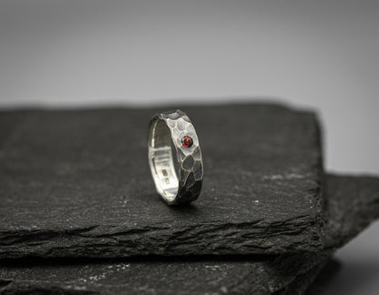 Garnet ring, sterling silver band, unique wedding ring