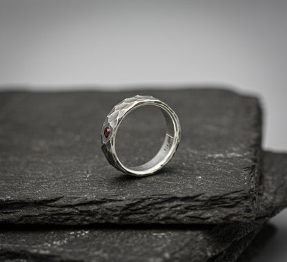 Garnet ring, sterling silver band, unique wedding ring