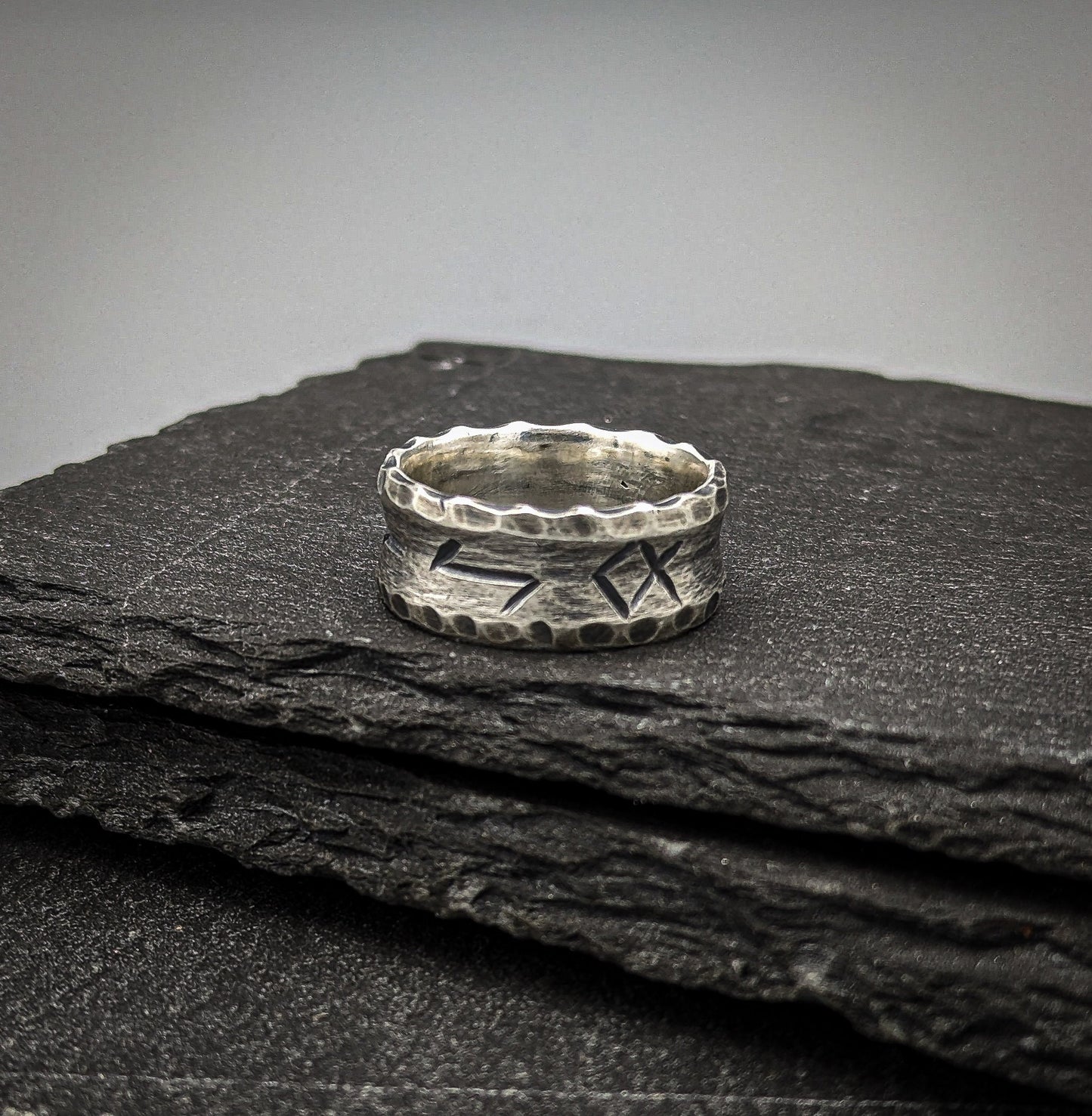 Silver Viking rune ring, engraved band, personalised Norse jewellery.