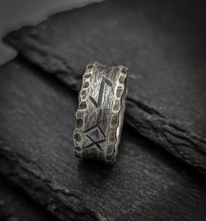 Silver Viking rune ring, engraved band, personalised Norse jewellery.