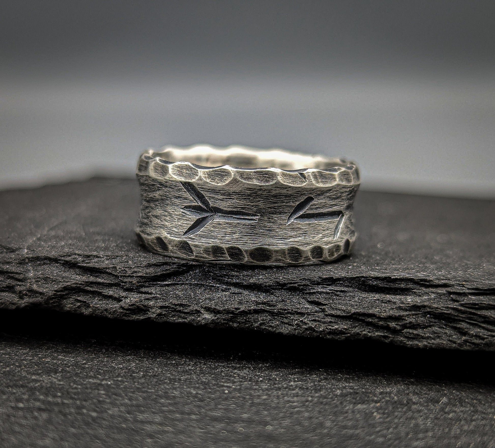 Silver Viking rune ring, engraved band, personalised Norse jewellery.